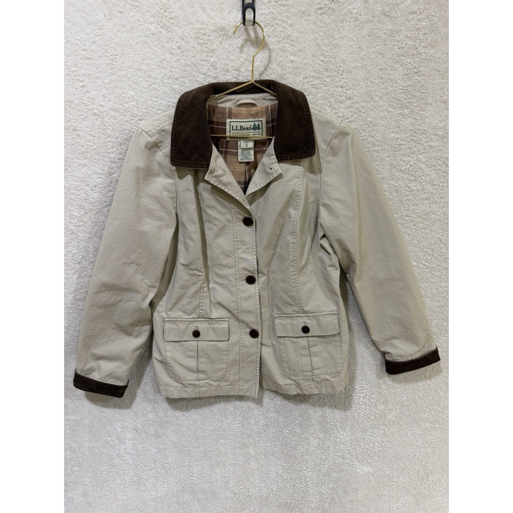 LL Bean Adirondack Barn Coat Chore Jacket Flannel Lined Womens Medium Tan Canvas